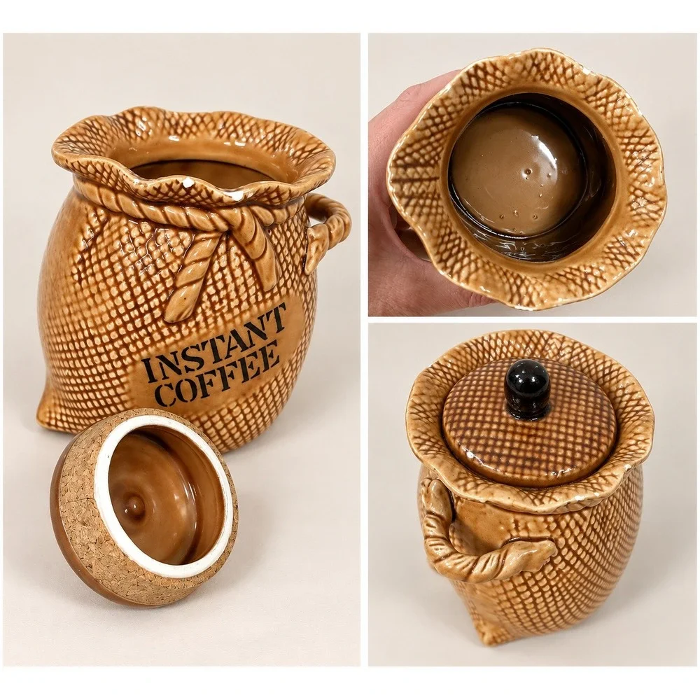 Vintage Lefton Instant Coffee Canister Basket Weave Ceramic Japan 2121